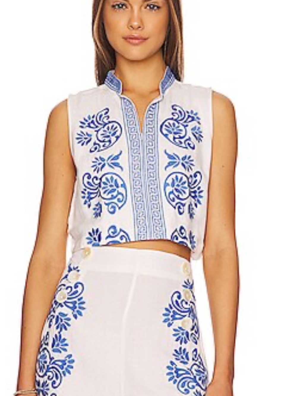SOLID & STRIPED White Cropped Sleeveless Top with Blue Embroidery